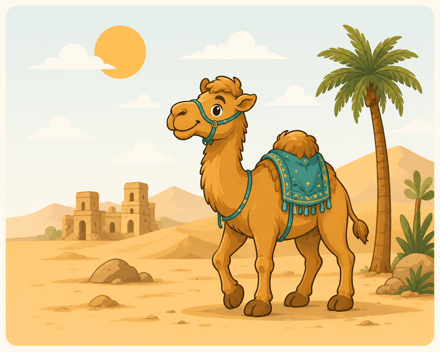 Cami the camel arriving at a desert oasis